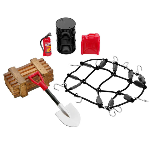 12 Piece Roof Decoration Kit For 1 By 18 TRX4M And 1 By 24 SCX24 Crawlers with shovel, fuel tank, fire extinguisher, and luggage net