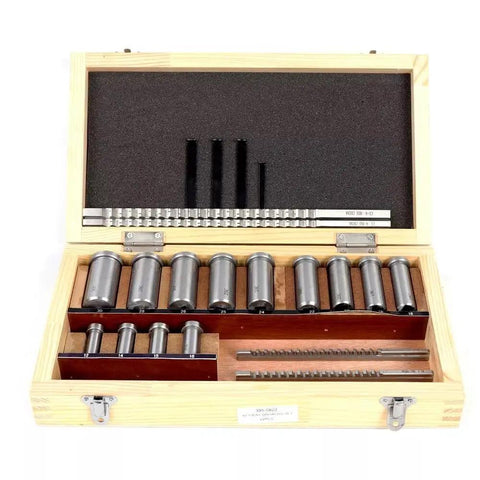 22-Piece Keyway Broach Set With Collared Bushing Shim Kit in wooden box, showing metric metalworking tools for precision machining.