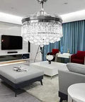42 Inch Reversible Invisible Ceiling Fan With LED Light And Remote Control in modern living room, silver finish, crystal design.