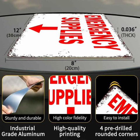 12 X 8 Inch Aluminum Emergency Supplies Directional Metal Sign Rugged Workhorse Built Tough Weatherproof Arrow Sign For Home, Garage, Warehouse, And Bunker With Easy Hanging Installation. 12x8 inch aluminum emergency supplies arrow sign