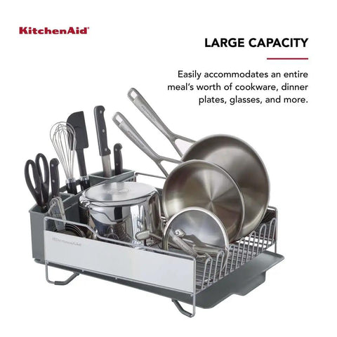 Full Size Countertop Dish Rack Heavy Duty Organizer With Angled Draining Surface Removable Utensil Basket Non Slip Base Slick Rust Resistant Finish Straight Up Effortless Drying System In Light Grey