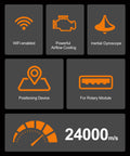 Infographic showing features of 36W Laser Engraver With 400 X 400 mm Engraving Area including WiFi, powerful airflow cooling, and inertial gyroscope.