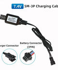 7.4V 3 Pin USB Charger Cable For RC Cars Boats And Toys Li Ion Battery Charger SM3P with connectors displayed