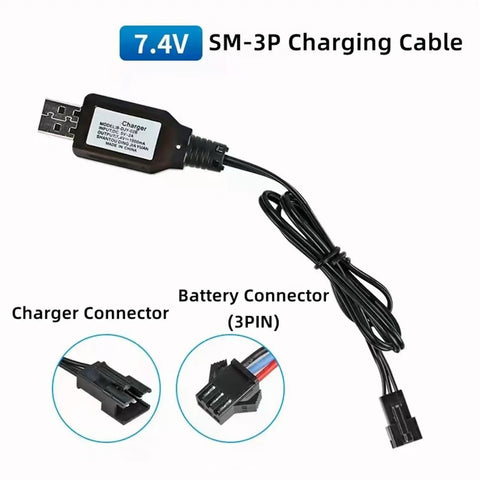 7.4V 3 Pin USB Charger Cable For RC Cars Boats And Toys Li Ion Battery Charger SM3P with connectors displayed