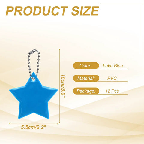 Lake Blue Star Shaped Reflective Safety Pendant Keychain With Chain Pack Of 12, PVC material, product size 5.5cm x 10cm.