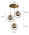 Industrial Vintage 3 Light Pendant Lighting Fixture with Brass Ring and Glass Globe Shades in Amber Clear and Gray dimensions