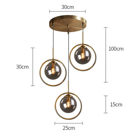 Industrial Vintage 3 Light Pendant Lighting Fixture with Brass Ring and Glass Globe Shades in Amber Clear and Gray dimensions