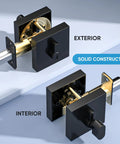 Heavy-Duty Matte Black Door Lever Set Reversible Square Handles for Bedroom and Bathroom Keyed Entry, interior and exterior view