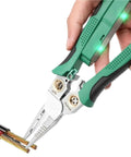 8 In 1 Electric Wire Stripper With Measurement Tool Green Cable Cutter Plier in hand cutting electrical wires