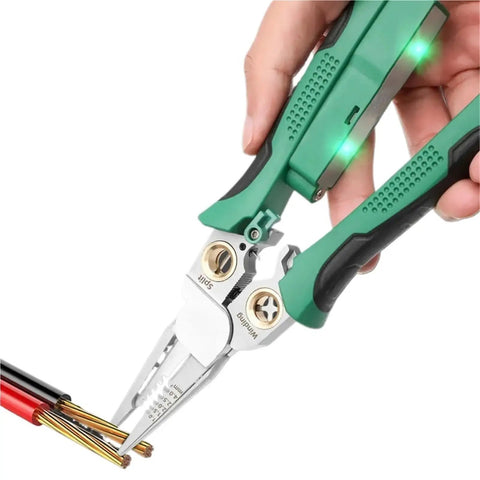 8 In 1 Electric Wire Stripper With Measurement Tool Green Cable Cutter Plier in hand cutting electrical wires
