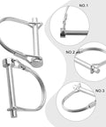 Close-up of Five Pack Locking Pins Set, focusing on tubular folding hitch pin design with spring lock, galvanized finish