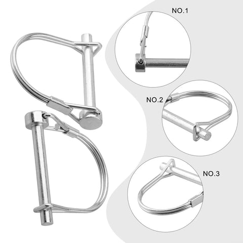 Close-up of Five Pack Locking Pins Set, focusing on tubular folding hitch pin design with spring lock, galvanized finish