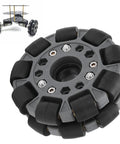 Omni wheel, 100mm diameter, gray hub with black rollers for platform robotic kit (close-up)