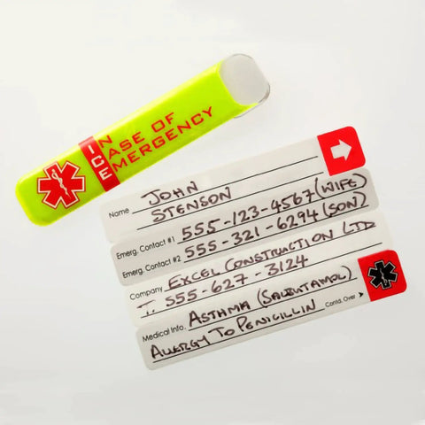 Emergency Worker Hard Hat Reflective ID Sticker Set 0.5 X 2.75 Inches Fluorescent Lime Yellow And Red 30 Mil Non Conductive Vinyl With Durable Acrylic Adhesive Water And Weather Resistant Pack Of 5 Made In USA with emergency contact details visible.