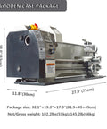 Hardcore Mini Metal Lathe 7x12 Inch Benchtop Workhorse in wooden case package, dimensions shown, 600W motor.