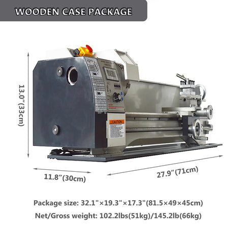 Hardcore Mini Metal Lathe 7x12 Inch Benchtop Workhorse in wooden case package, dimensions shown, 600W motor.