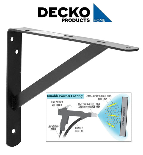 Beefy Black Steel Heavy Duty Shelf Brackets Set For Garage And Home Shelving Systems 19 And A Quarter Inch By 12 And A Half Inch 10 Pack With Three Predrilled Holes On Each Side, side view with coating process diagram