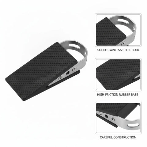 Stainless Steel Door Stopper Wedge With Rubber Base For Heavy Duty Indoor Use, showcasing solid stainless body and rubber grip.