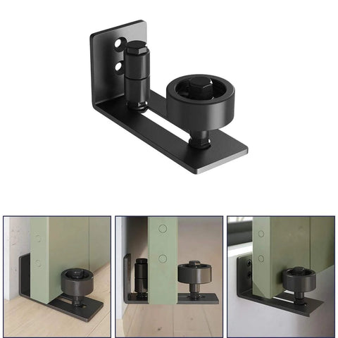 Two Piece Adjustable Floor Guide For Sliding Barn Doors With Eight Setup Options Low Profile Flush Bottom Design Carbon Steel And POM Nylon Matte Black Finish