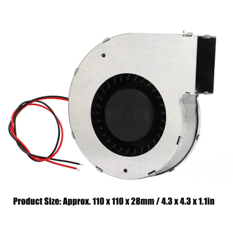Beefy 12V Brushless Blower Fan Delivers 62.49 CFM At 5500 RPM With Dual Ball Bearings, front view with wires shown