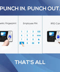 Straight Up Standalone Fingerprint Time Clock For Small Business Dead Simple Hour Tracker Zero Monthly Fees Offline Attendance Device With Five Rfid Cards Plug And Play Payroll Helper showing punch in/out options.