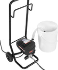 Gonna Save Your Arms For This Stand Airless Paint Sprayer 3000 Psi 650W with wheeled cart and white bucket for easy use.