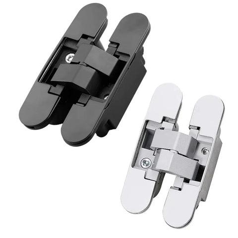 Invisible Cross Hinge 180 Degree Concealed Folding Door Hinge for cabinets and cupboards, adjustable hardware in black and silver.