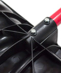 Close-up of Beast Of A Snow Shovel With Wide Scoop And Fiberglass D-Grip showing heavy-duty steel blade and red fiberglass handle