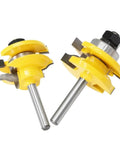 Solid 3-Piece Rail And Stile Router Bit Set With Ogee Door Knife And Tenon Cutter For Precision Cabinet And Furniture Work Using Pro Quality Bits - yellow carbide cutting bits with steel shanks.