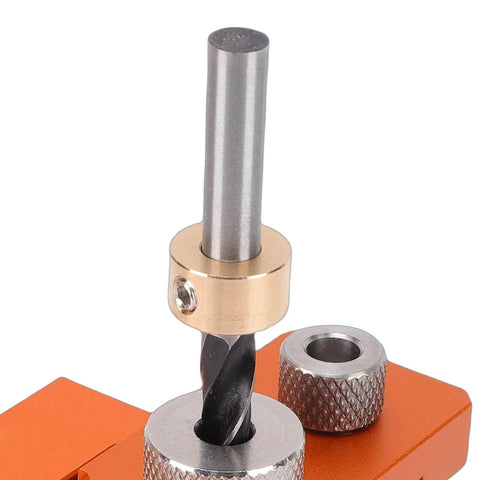 Close-up of the Double Hole Punch Locator Drill Positioning Jig For Woodworking And Furniture Assembly with aluminum alloy construction.