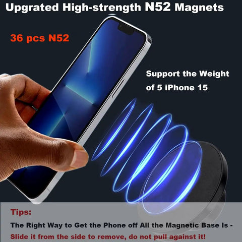MagSafe Car Phone Mount Base With 17mm Ball Socket And Ultra Strong N52 Magnets For A Secure On The Go Hold Durable Phone Car Mount Accessory That Fits MagSafe Phones And Keeps A Grippy Road Tested Hold On Bumpy Roads showing magnetic strength with 36 N52 magnets supporting smartphone.