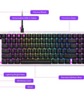 Top view of Legit Snug Compact Mini TkL Wired Mechanical Gaming Keyboard with highlights on features like volume wheel and USB-C cable.