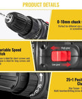Rechargeable Cordless Drill And Electric Screwdriver Set Featuring 25 Plus 1 Torque Adjustments Dual Speed Alloy Chuck And Bright LED Light showing gears and chuck details.