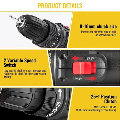 Rechargeable Cordless Drill And Electric Screwdriver Set Featuring 25 Plus 1 Torque Adjustments Dual Speed Alloy Chuck And Bright LED Light showing gears and chuck details.