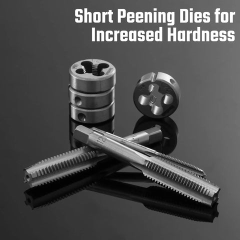 Close-up of short peening dies and taps from 76 Piece Tap And Die Set For Metric And Standard Threads Rethreading Kit