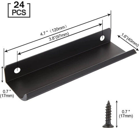 24 Pack Sleek Black Aluminum Back Mount Finger Edge Drawer Pulls 4.7 Inch Hidden Cabinet Handles with screws and dimensions
