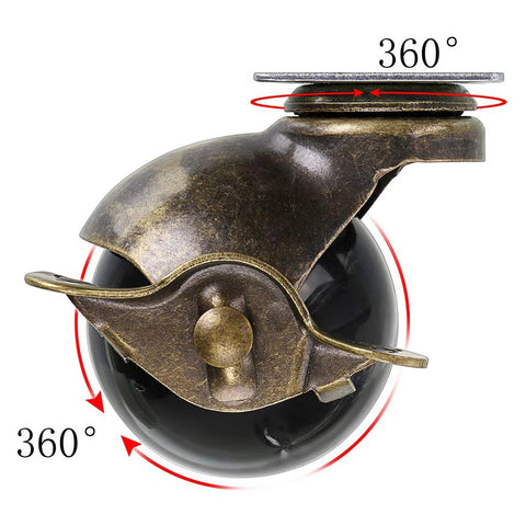 Side view of 2 Inch Ball Caster Wheel Plate Caster With Brakes For Furniture And Cabinets Vintage Antique Swivel Caster For Storage Chests Pack Of 4 360 Lb Total Load Capacity Floor Safe PP Wheels With Steel Frame Includes 16 Screws, showing 360-degree rotation.