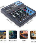 4 Channel DJ Mixer Board With Bluetooth USB Audio Interface And 48V Phantom Power, Portable Sound Mixer with dimensions shown