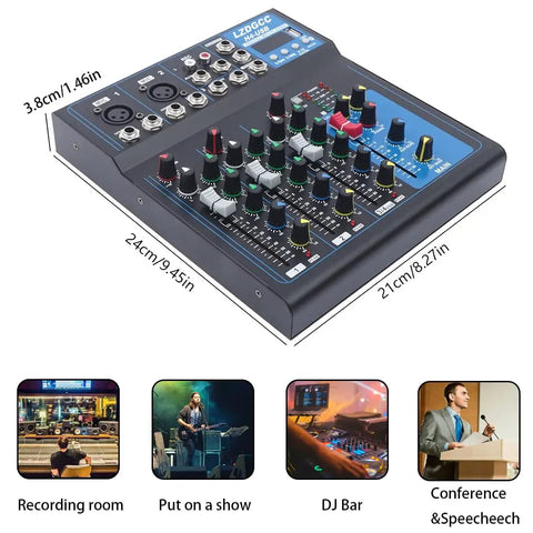 4 Channel DJ Mixer Board With Bluetooth USB Audio Interface And 48V Phantom Power, Portable Sound Mixer with dimensions shown