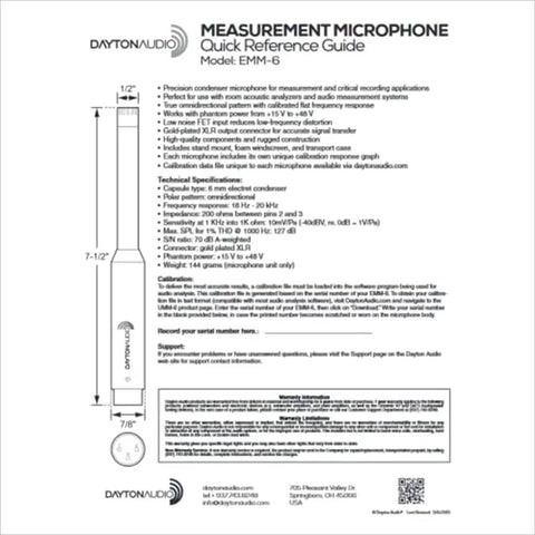 Quick reference guide for Omnidirectional Electret Condenser Microphone for Room Acoustic Analyzers and Audio Measurement Systems