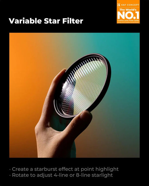 Hand holding 82mm Variable Star Filter With Dope Cross Screen Starburst 4 To 8 Points For Cinematic Night Shots Ultra Slim