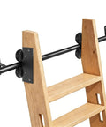 Close-up of 20 Ft Sliding Library Ladder Hardware Kit with smooth braking casters on carbon steel track and wood ladder.