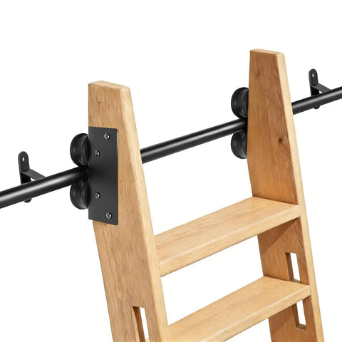 Close-up of 20 Ft Sliding Library Ladder Hardware Kit with smooth braking casters on carbon steel track and wood ladder.