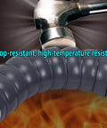 Tough As Nails Articulated Fume Extractor Hose With Heavy Duty Stainless Steel Hood And Full Swivel Flex Duct Tube For Hot Welding Smoke Dust Collection Quick Rig Two Meter Long Six Inch Wide Shop Ready close-up of flexible hose with hammer showing durability.