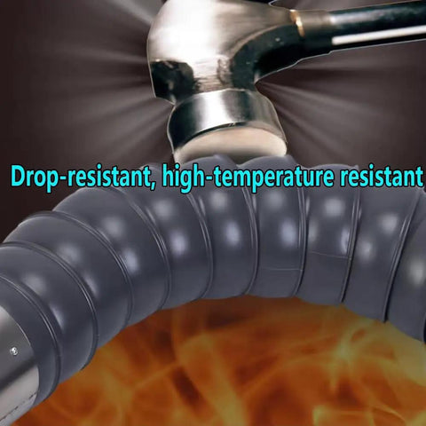 Tough As Nails Articulated Fume Extractor Hose With Heavy Duty Stainless Steel Hood And Full Swivel Flex Duct Tube For Hot Welding Smoke Dust Collection Quick Rig Two Meter Long Six Inch Wide Shop Ready close-up of flexible hose with hammer showing durability.