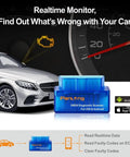 Bluetooth OBD2 Scanner For Iphone And Android With Real Time Car Diagnostics Engine Fault Code Reader displayed with car and speedometer.