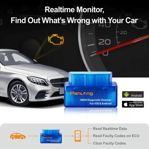 Bluetooth OBD2 Scanner For Iphone And Android With Real Time Car Diagnostics Engine Fault Code Reader displayed with car and speedometer.