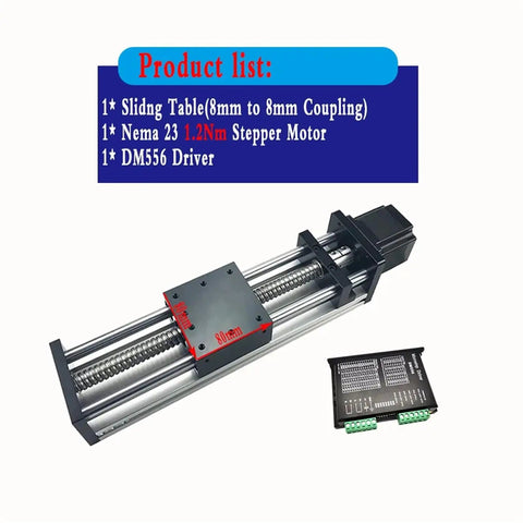 Heavy Duty Linear Rail Kit With Sliding Table Ball Screw Drive And Nema 23 Stepper Motor Driver showing sliding table and driver.