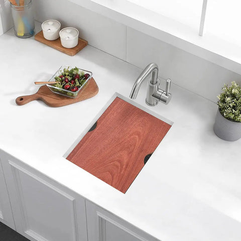 Kitchen with built-in Undermount Stainless Steel Kitchen Bar Sink 15 x 18 x 9 Inches 18 Gauge Heavy Duty Workstation and cutting board.