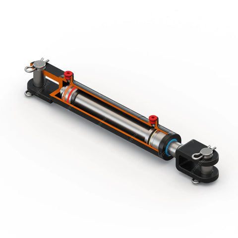 Workhorse Heavy Duty Welded Clevis Double Acting Hydraulic Cylinder With 2 Inch Bore 6 Inch Stroke Inline Ports Parallel To Pin 3000 PSI Working Pressure 9425 Lb Load Capacity SAE 6 Port, cutaway view